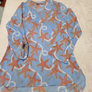 All For Color Womens V neck‎ Tunic Starfish Beach Blue Orange XL Summer Fun